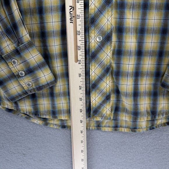 Y2K Wrangler Western Blue Yellow Plaid Pearl Snap Sleeved Shirt Mens M‎ Cowboy - Picture 6 of 8